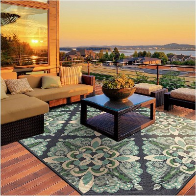 Rectangular Blue Geometric Stain-Resistant Synthetic Rug