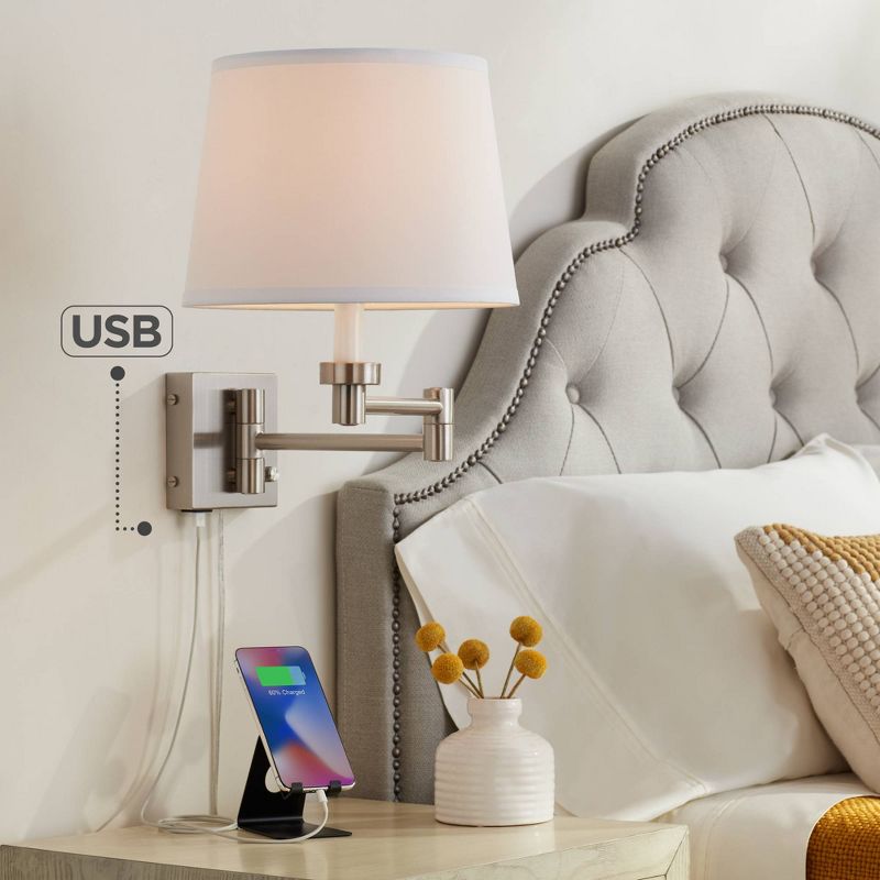 360 Lighting Vero Modern Swing Arm Wall Lamp Brushed Nickel Plug-in Light Fixture with USB Charging Port White Drum Shade for Bedroom Bedside Reading, 2 of 10