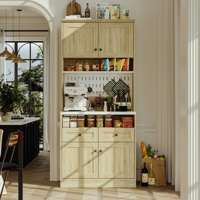 Famapy Tall Kitchen Pantry Cabinet Microwave Shelf and Storage Drawers Coffee Bar Cabinet Buffet Hutch Cabinet Sideboard