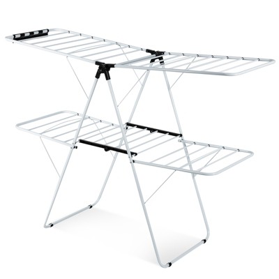 Tangkula Folding Clothes Drying Rack 2-Layer Portable Dryer with Height Adjustable Wings for Outdoor Indoor Use