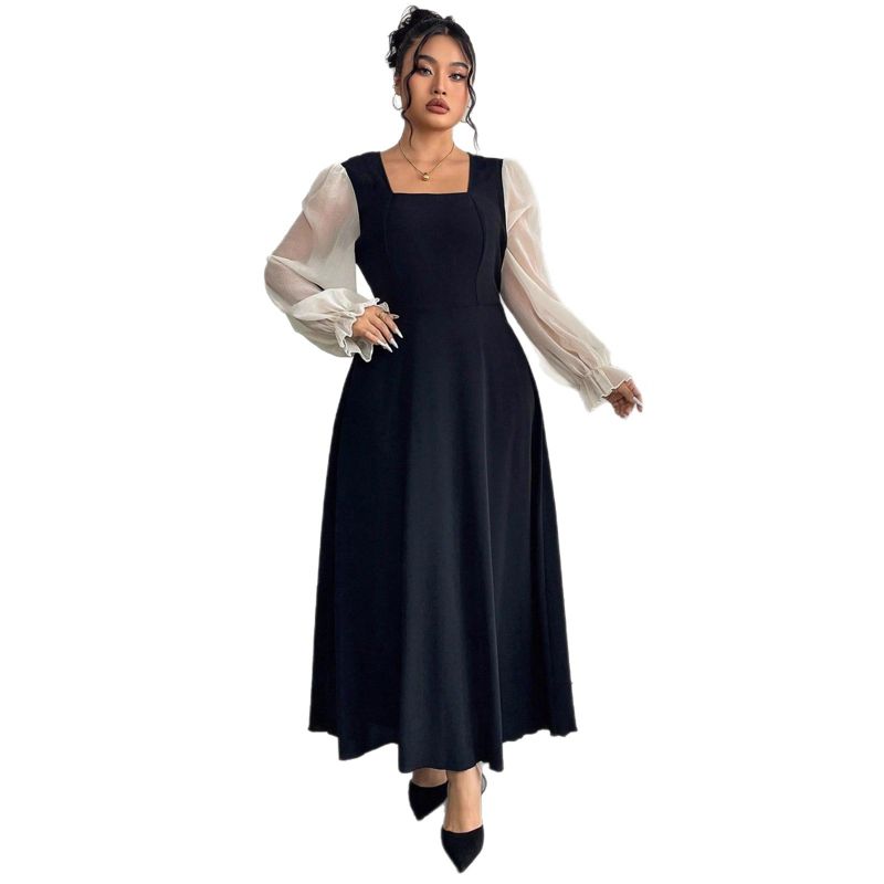 Plus Size Square Neck Mesh Puff Sleeve Maxi Dress Wedding Guest Dresses,3XL,Black