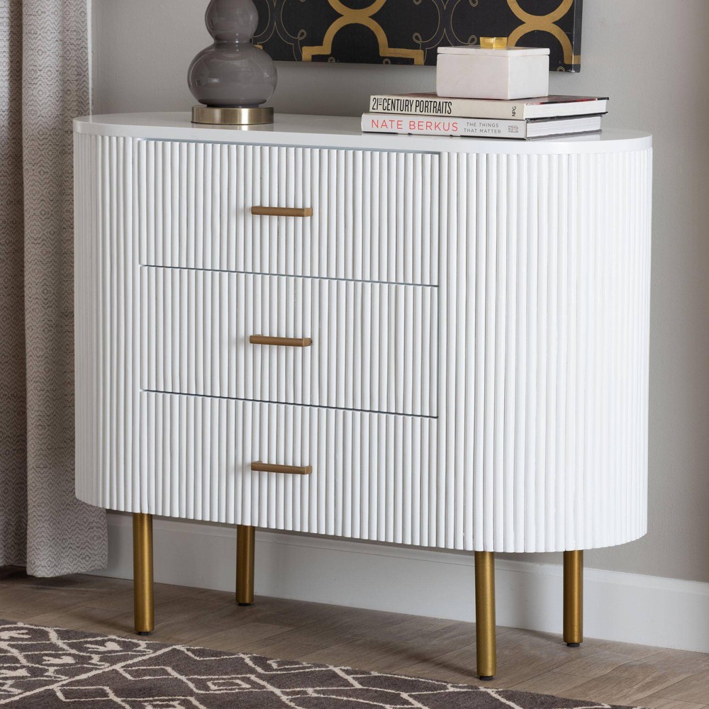 bali & pari Beyla Fluted Wood and Metal 3 Drawer Dresser White/Gold