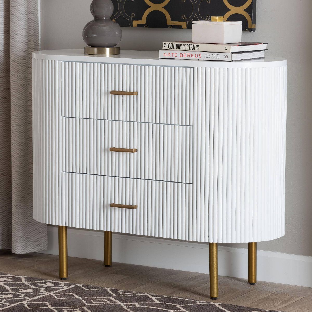 bali & pari Beyla Fluted Wood and Metal 3 Drawer Dresser White/Gold