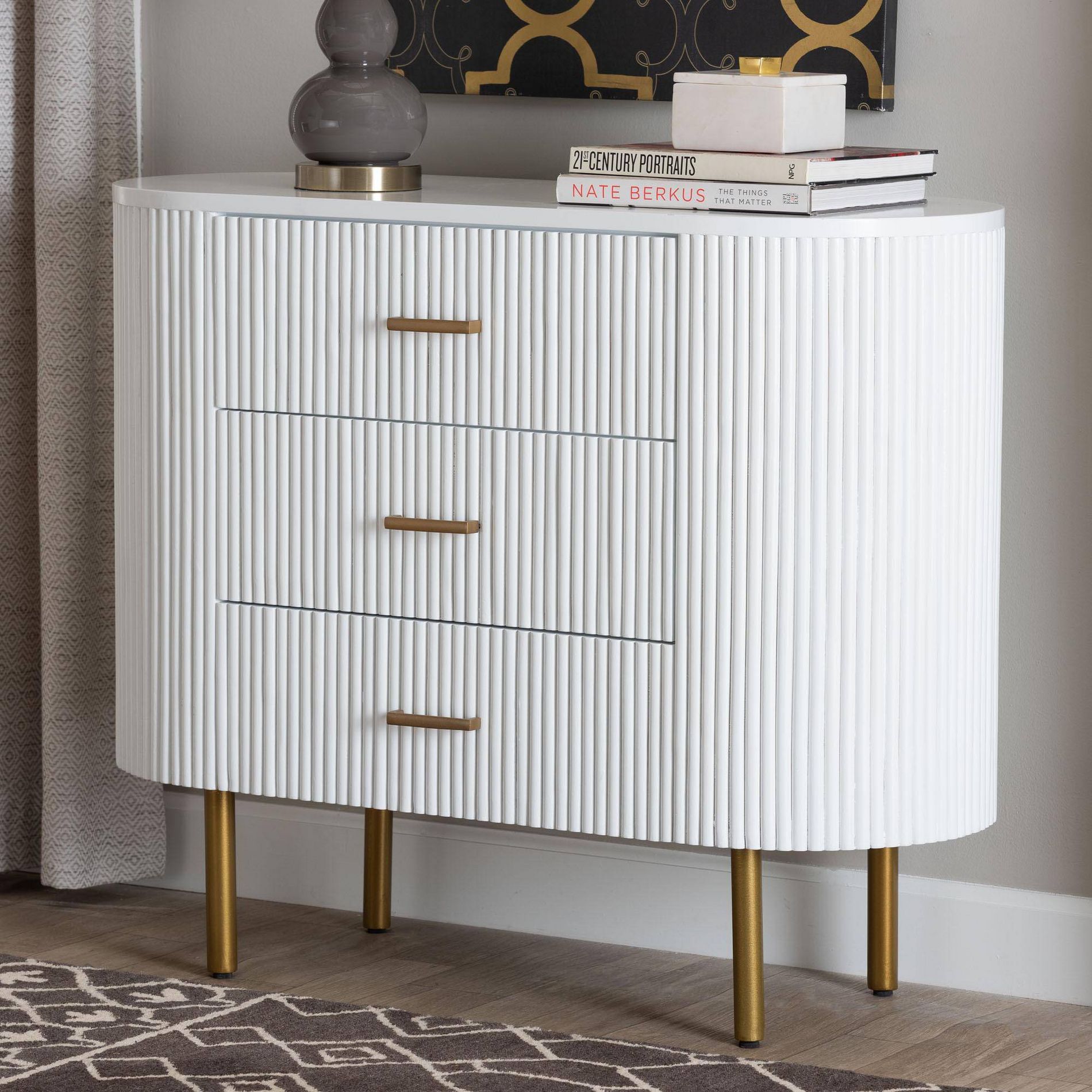 bali & pari Beyla Fluted Wood and Metal 3 Drawer Dresser White/Gold