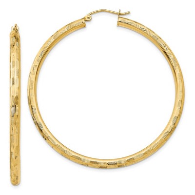 Black Bow Jewelry 3mm x 50mm 14k Yellow Gold Textured Round Hoop Earrings