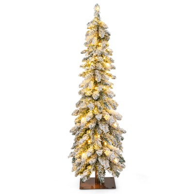 Tangkula 4/5/6FT Pre-lit Artificial Christmas Tree Snow-flocked Xmas Pencil Tree with 225/334/407 Branch Tips 100/150/250 LED Lights 2 Lighting Colors