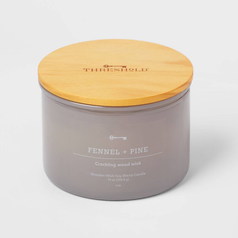 14oz Lidded Gray Glass Jar Crackling Wooden 3-Wick Candle with Clear Label Femmel + Pine - Threshold&#8482;, 1 of 5