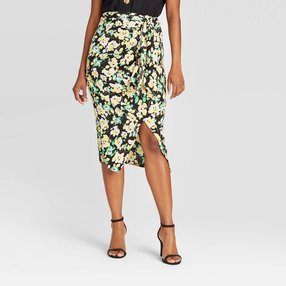 Women's Floral Print Mid-Rise Faux Tie Slip Asymmetrical Midi Skirt - Who What Wear Black 8 was $29.99 now $20.99 (30.0% off)