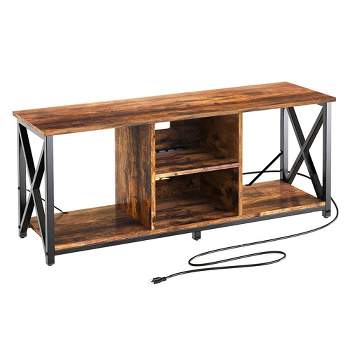 Fabato Wood TV Stand and Entertainment Center with Socket Plug-In Station, Height Adjustable Shelf, and Wire Threading Holes
