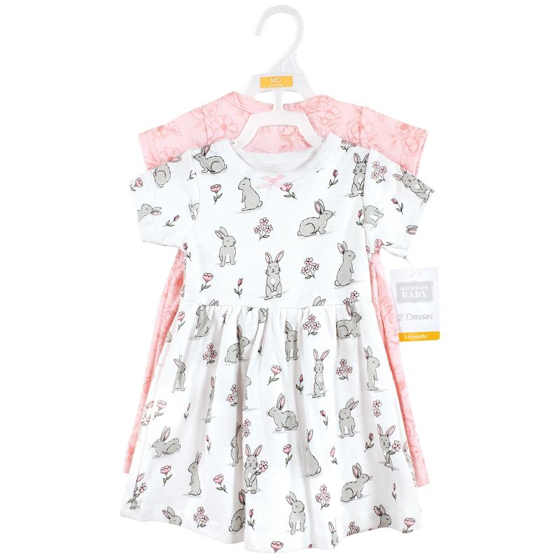 Hudson Baby Infant and Toddler Girl Cotton Dresses, Bunny Floral, 3 of 6