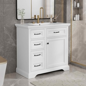 MAYEERTY 36" Bathroom Vanity Ceramic Sink Top 4 Drawers 1 Soft-Close Door Freestanding Metal Handles Black - 1 of 4