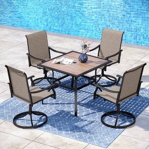 Captiva Designs 5pc Outdoor Dining Steel Table with Umbrella Hole & Brown Textilene Arm Chairs - 1 of 4