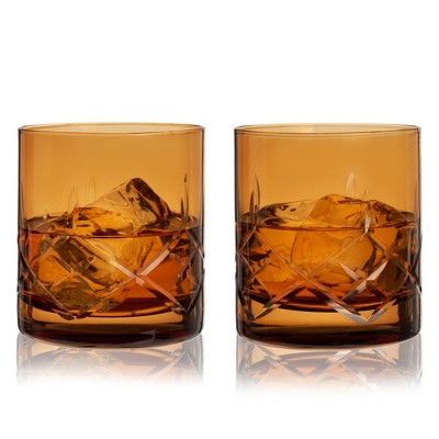Amber Hand-Cut Lead-Free Crystal Rocks Glasses Set of 2