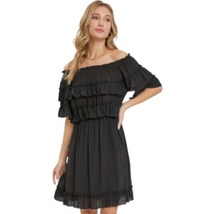Slickblue Women's Off Shoulder Ruffle Dress, Short Sleeve, Elastic Waist, Boho Style, Color & Size Options - 1 of 4