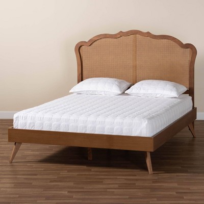King Walnut Brown Wood and Rattan Platform Bed with Slats