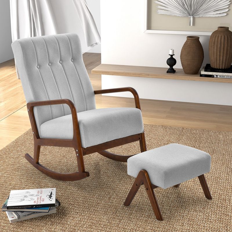 Costway Rocking Chair with Ottoman Upholstered Fabric Glider Rocker Solid Wood Beige/Grey, 5 of 11