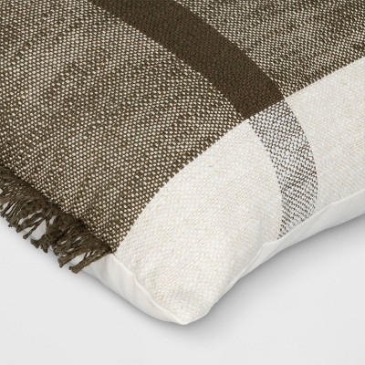 Oversized Ivory and Dark Olive Cotton Striped Lumbar Pillow
