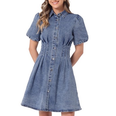 Allegra K Women's Denim Puff Short Sleeve Collared Button Down A-Line Jean Dress