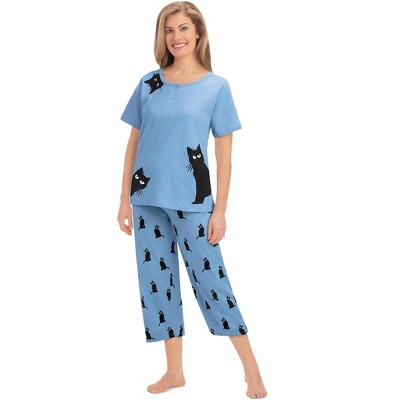 Collections Etc 2-Piece Curious Kittens Short Sleeve Capris Pant Pajama Set