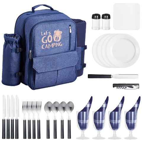 VEVOR Picnic Backpack, Beach Picnic Backpack Bag for 4 Person with Insulated Cooler Compartment, Detachable Bottle/Wine Holder, Navy Blue