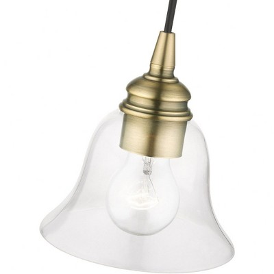 Transitional Hand-Blown Clear Glass Pendant in Antique Brass