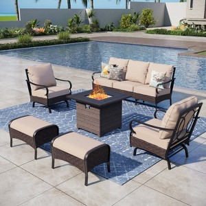 Captiva Designs 6pc Extra Large Metal and Rattan Outdoor Patio Fire Pit Set with Rocking Armchairs and Ottomans - 1 of 4