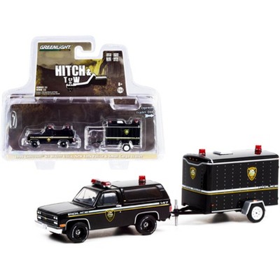 1990 Chevrolet K5 Blazer Black & Small Cargo Trailer "Utica Police Department" (New York) 1/64 Diecast Model Car by Greenlight