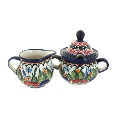 Blue Rose Polish Pottery Floral Butterfly Cream & Sugar Set