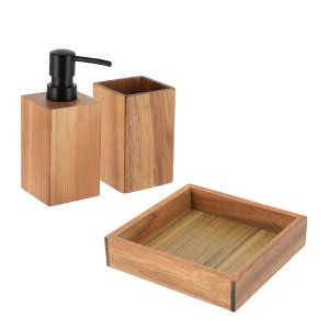 Evideco French Home Goods Acacia Wood Bathroom Accessory Set – 3 Pieces Includes Soap Dispenser, Toothbrush Holder, and Vanity Tray - 1 of 4