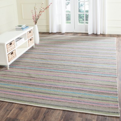 Light Grey and Multicolor Striped Wool Cotton Area Rug 8' x 10'