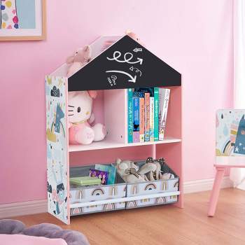 LuxenHome Kids Multi-Functional House Bookcase Toy Storage Bin Floor Cabinet with Blackboard, Pink Multicolored