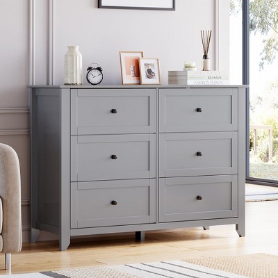 Image of Whizmax Gray 6 Chest of Drawer Dresser, Modern Dresser with Deep Drawers and Nickel Round Handle, Wood Storage Cabinet for Bedroom, Living Room