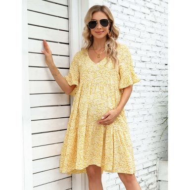 Clearlove Maternity Babydoll Dress Womens Ruffle Short Sleeve V Neck Casual  Dress Floral Printed Flowy Mini Dress Yellow print Small : Target