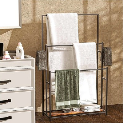 DOMETOUR 47.2" Tall Freestanding Towel Racks for Bathroom, 3 Tier Floor Towel Rack, Large Blanket Ladder Drying Display Rack Outdoor Poolside, Black