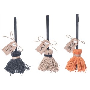 Transpac Halloween Harvest White Black Orange Witches Broom Wood Jute Tabletop Figurine Decoration Set of 3, 10.24H inches - 1 of 2
