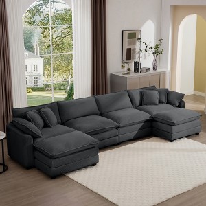 4-Seater Corduroy Modern Upholstered Sofa with Ergonomic Seat, 3 Footstools, 2 Arm Pillows, 4 Throw Pillows and Easy to Assemble - 1 of 4