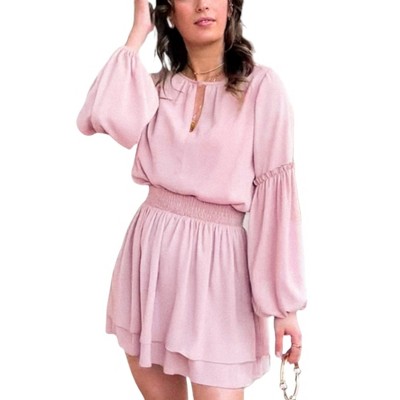 Amaryllis Women's Long Sleeve Smocked Waist Mini Dress with Tiered Skirt and Keyhole Neckline