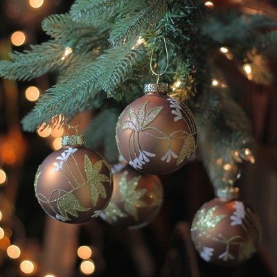 Northlight Glittered Flower Vine Glass Christmas Ball Ornaments - 3" (75mm) - Bronze - 4ct