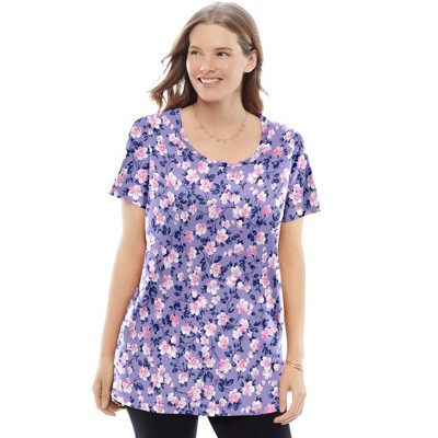 Woman Within Plus Size Perfect Printed Short-Sleeve Scoopneck Tee