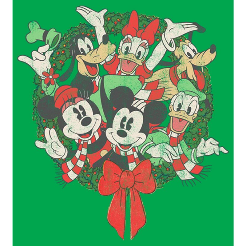 Juniors Womens Mickey & Friends Christmas Group Shot Wreath T-Shirt, 2 of 5