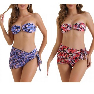 INSPIRE CHIC Women's Floral Print Bandeau Tie Back Swimwear Triangle Bottoms Bathing Bikini Suits 3 Pieces 2 Sets - 1 of 4