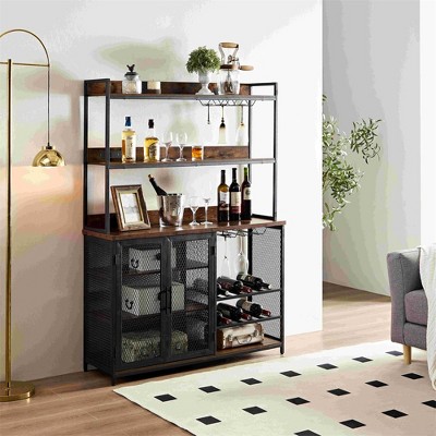Coffee Bar Cabinet With Power Outlet, Industrial Buffet Cabinet With LED Strip And Glass Holder, 3-Tiers Wine Cabinet Bar For Home Dining Room Kitchen