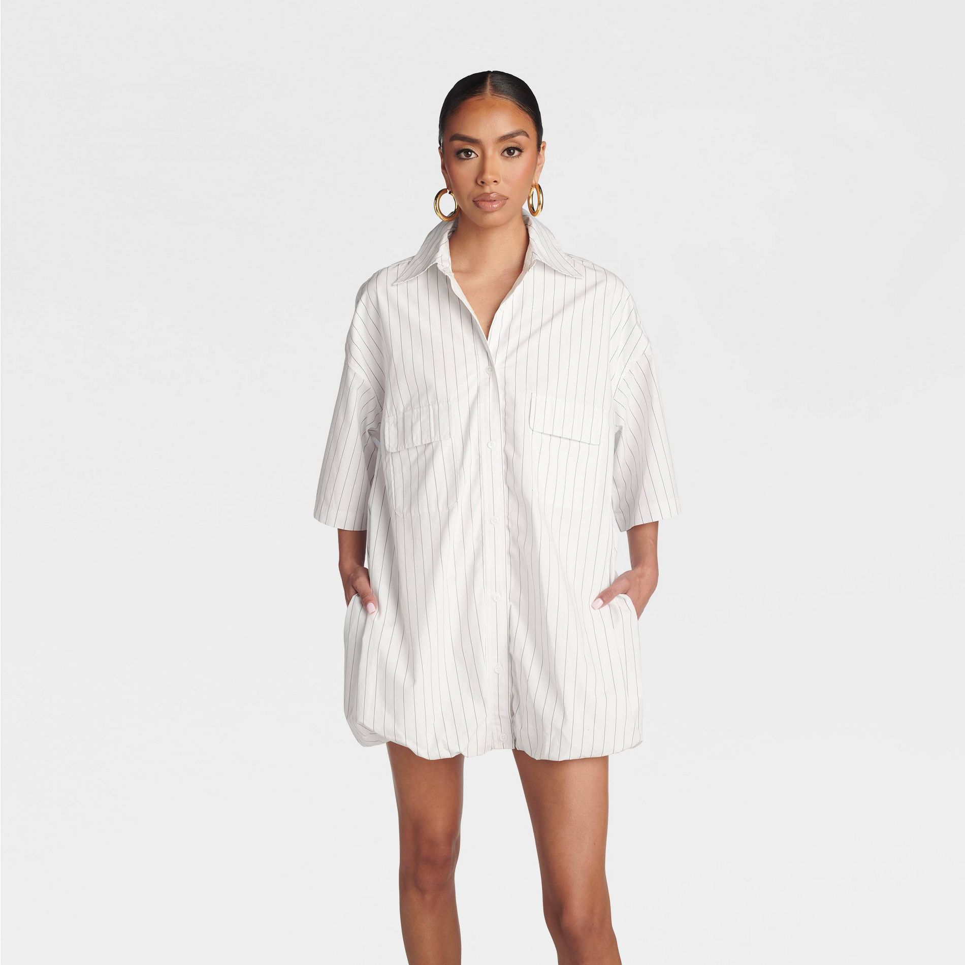 KBB by KAHLANA Women's Short Sleeve 'The Bubble Shirt Dress' - White/Navy Blue Striped
