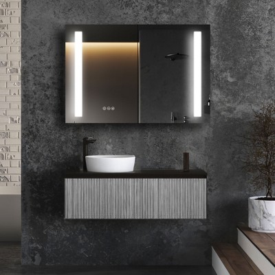 HBEZON Medicine Cabinet with Mirrors and Lights, Wall Mount Lighted Bathroom Cabinet, Defogger, Dimmable, Aluminum, Silver