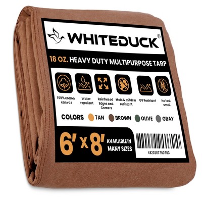 WHITEDUCK 6 x 8ft Heavy Duty Canvas Tarp, 18 oz Water-Resistant Cotton  with Reinforced Edges & Stainless Steel Grommets, Brown