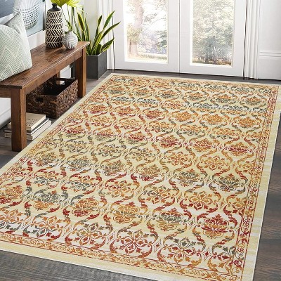 Area Rug Modern Floral Washable Rugs Ultra-Thin Non Slip Living Room Rug Low Pile Boho Floral Carpet Trellis Distressed Bedroom Rugs