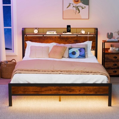 Bed Frame with 2 Drawers & Storage Headboard, Platform Metal Bed with Charging Station, No Box Spring Needed