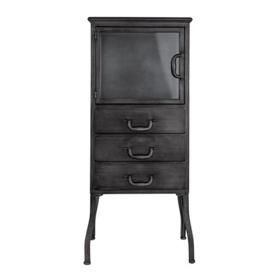 Antique Black Metal and Glass Office Storage Cabinet with 3 Drawers