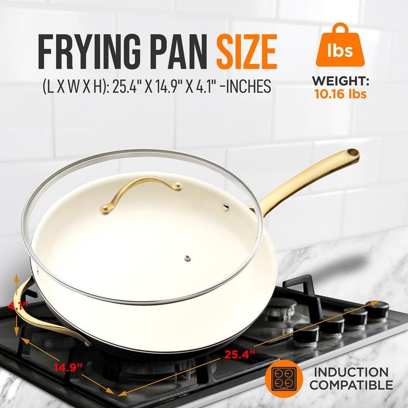 NutriChef 14” Fry Pan With Lid - Extra Large Skillet Nonstick Frying Pan with Golden Titanium Coated Silicone Handle, 2 of 4