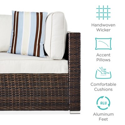 7-Piece Brown Wicker Outdoor Sectional Set with White Cushions